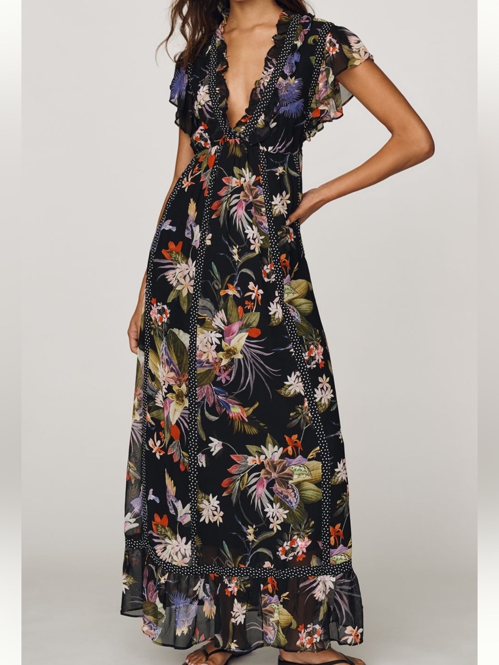 Maeve Floral Black Maxi Dress with Ruffle V-Neck